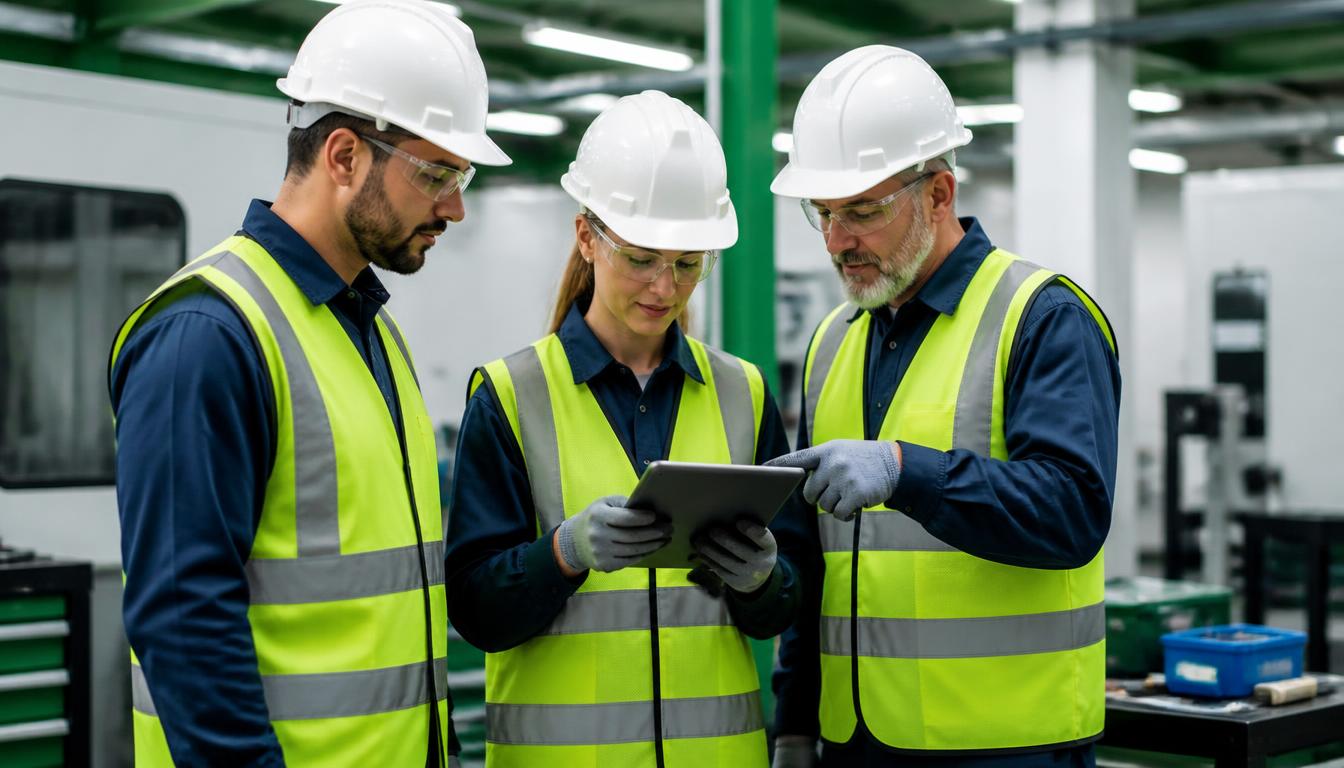 Equipe de segurança do trabalho avaliando riscos ocupacionais em ambiente industrial